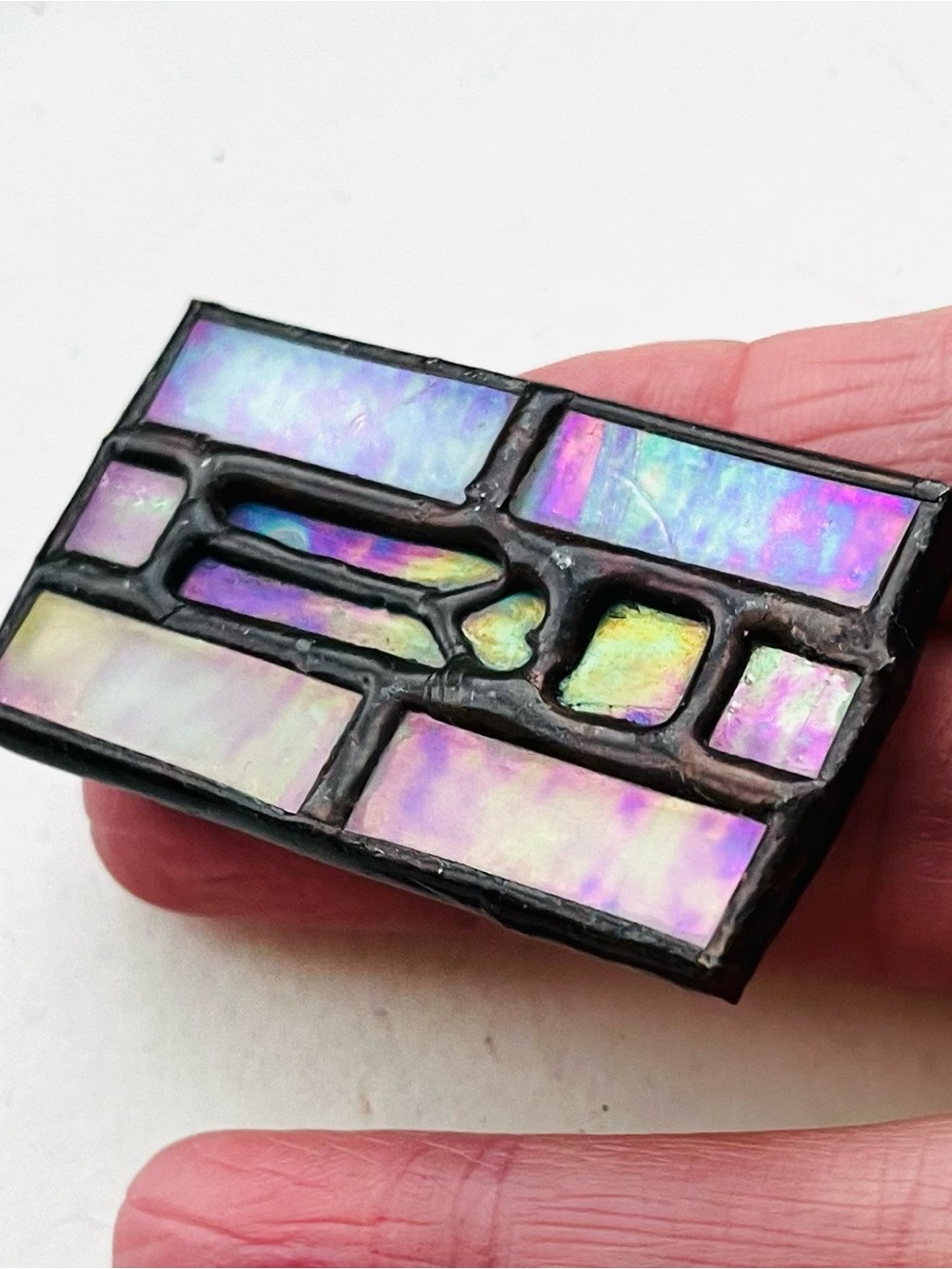 Vintage Iridescent Mosaic Tile Brooch - Purple Pink Opalescent